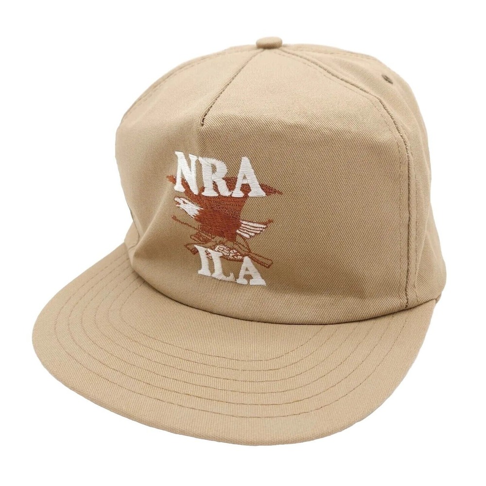 Vintage NRA ILA Embroidered Tan Leather Strapback Hat Trucker Cap USA Made